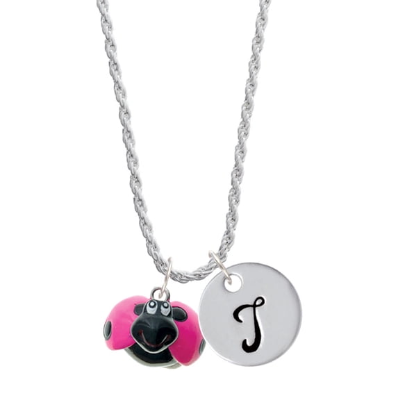 Delight Jewelry Resin Hot Pink & Black Ladybug Sweetie Silvertone Script Initial Disc - T - Charm Necklace, 20"+3"