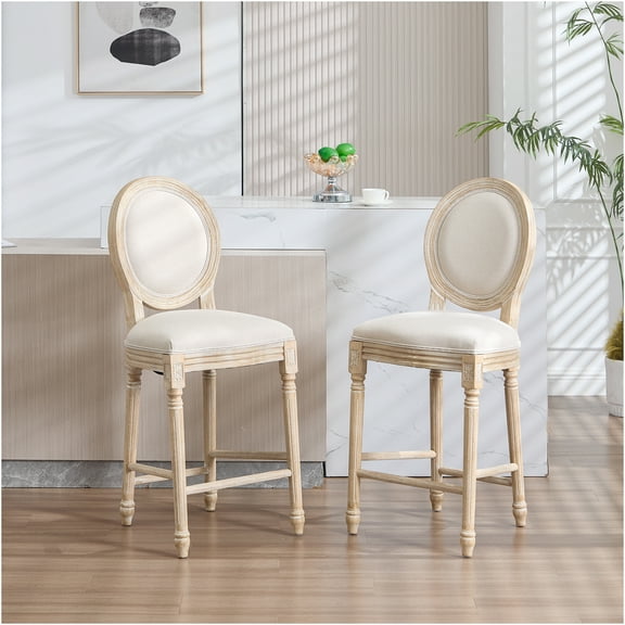 JERFIT French Country Bar Stools Set of 2, Upholstered Counter Height Chairs with Round Back, Beige Fabric and Solid Wood, Vintage Style for Kitchen Island, Dining, Bistro