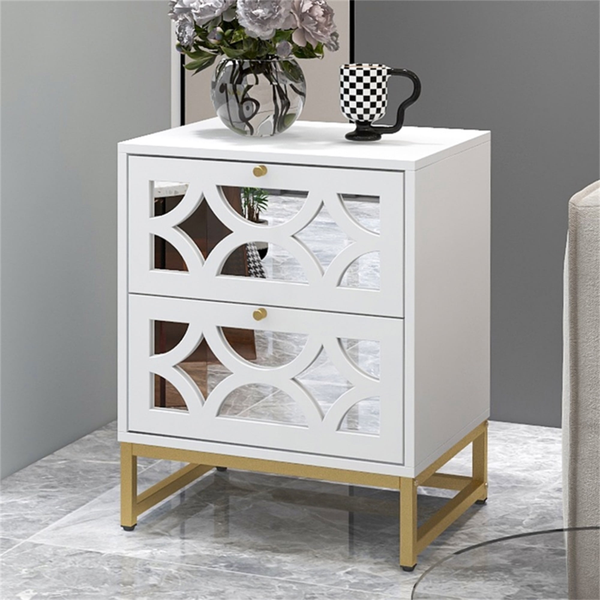 Resenkos Modern Mirrored Nightstand with 2 Drawers for Bedroom, White Storage Bedside Table with Golden Leg