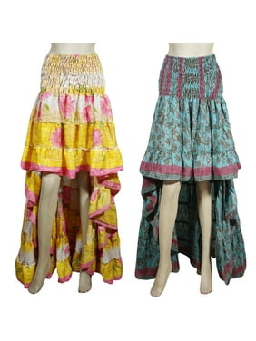 Mogul Womens Gypsy Fairy Skirt Hi Low Recycled Sari Printed Free Falling Flirty Twirling Ruffle Skirts