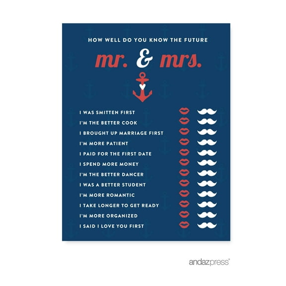 How Well Do You Know The Future Mr./Mrs.?  Nautical Ocean Adventure Wedding Bridal Shower Game Cards, 20-Pack