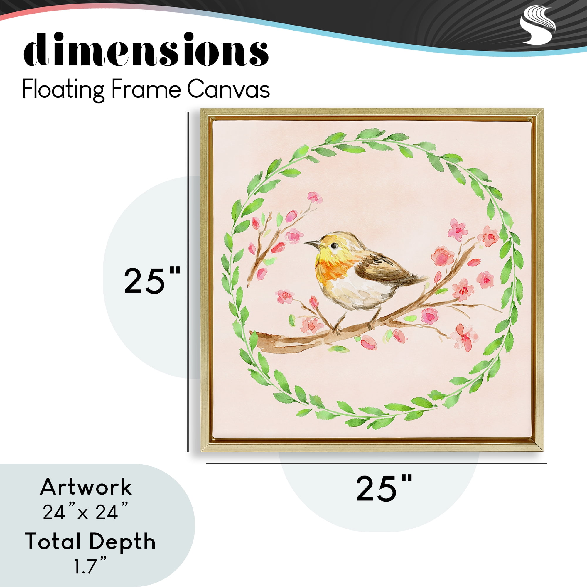 Spring Wreaths Bird Gold Framed Floater Canvas Wall Art, design by Elena Fay