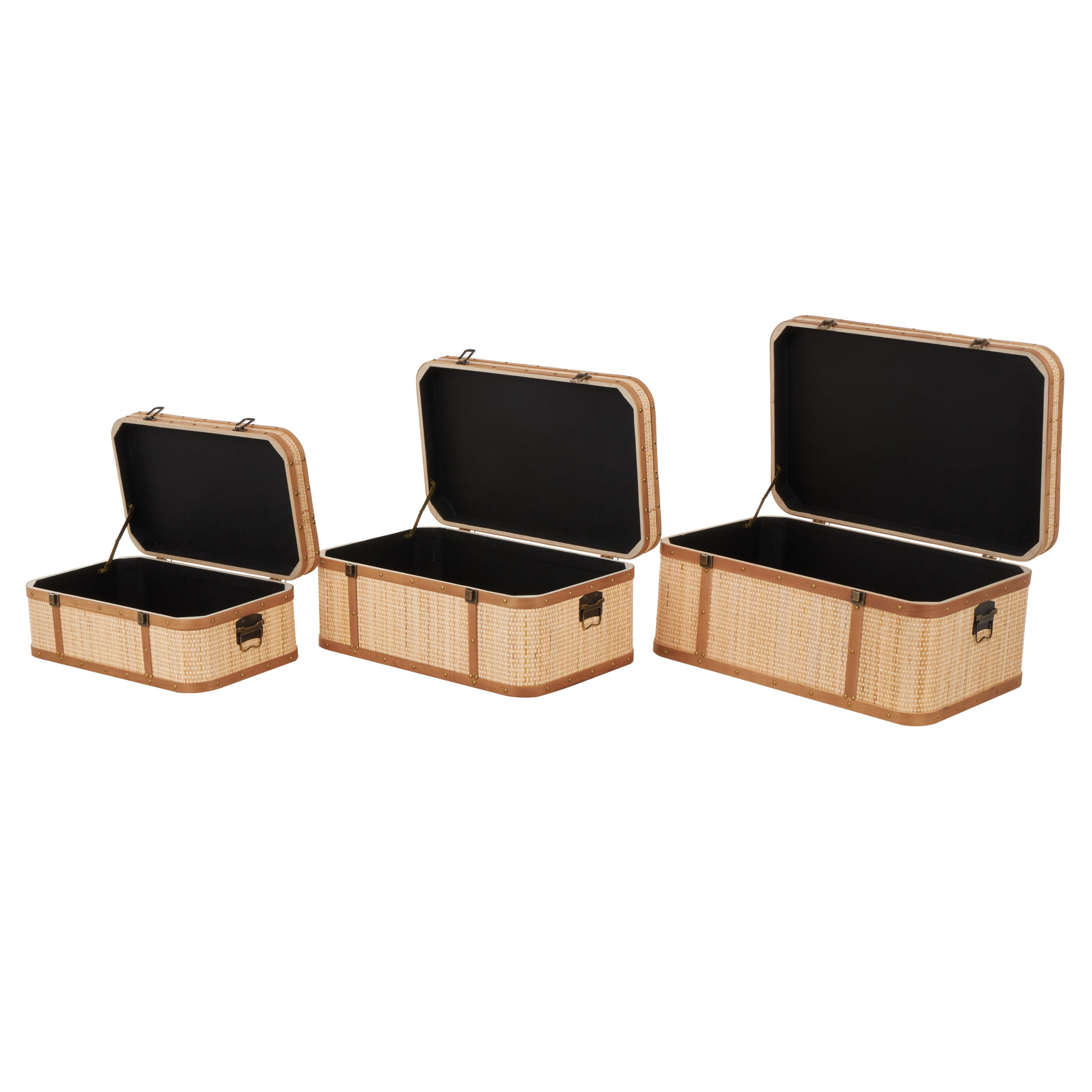 DecMode 28" x 13" Light Brown Rattan Woven Trunk with Brass Metal Latches and Brown Wooden Accents, 3-Pieces
