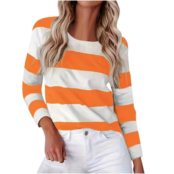 Winter Saving! HVOBTTY Women's Pullover Shirts, Women's Striped Long Sleeve Round Neck Casual Pullover T-shirt Orange, XXL