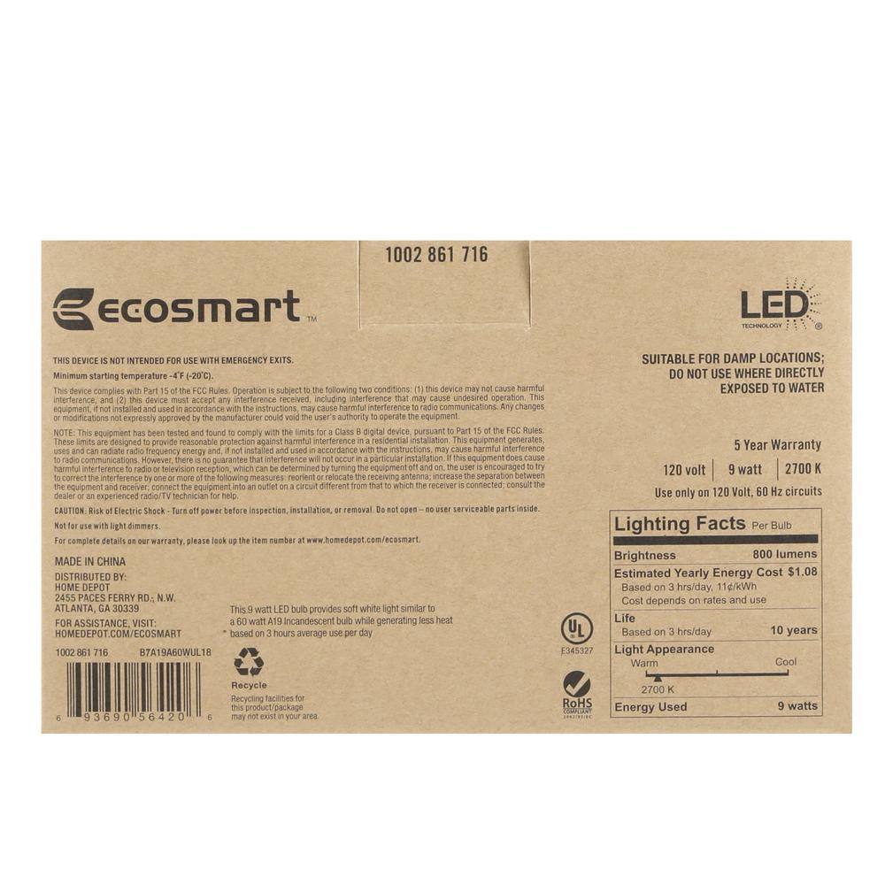 EcoSmart 60-Watt Equivalent A19 Non-Dimmable LED Light Bulb Soft White (8-Pack)