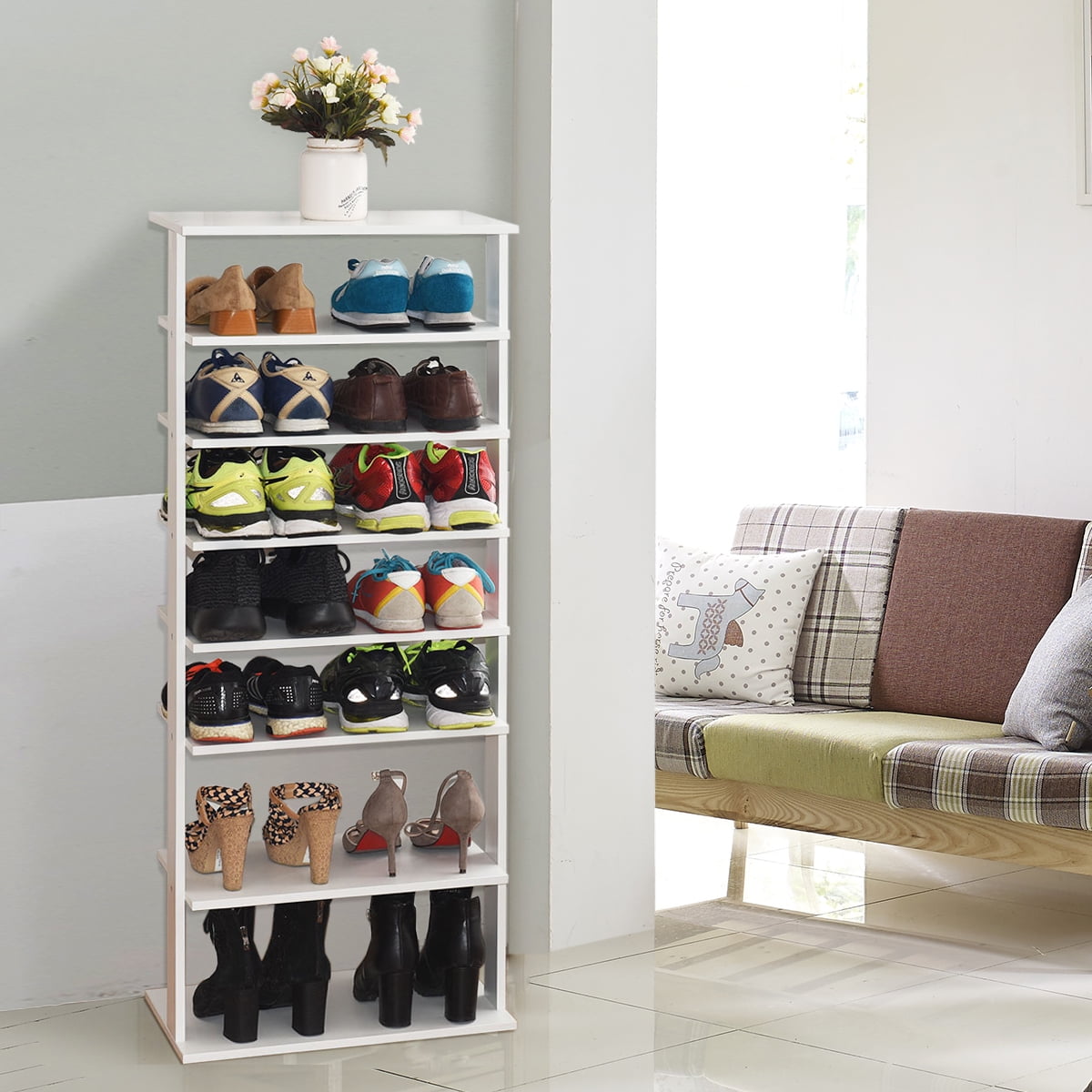 Topbuy 7-Tier Shoe Rack with Freestanding Shelves, Wood, White