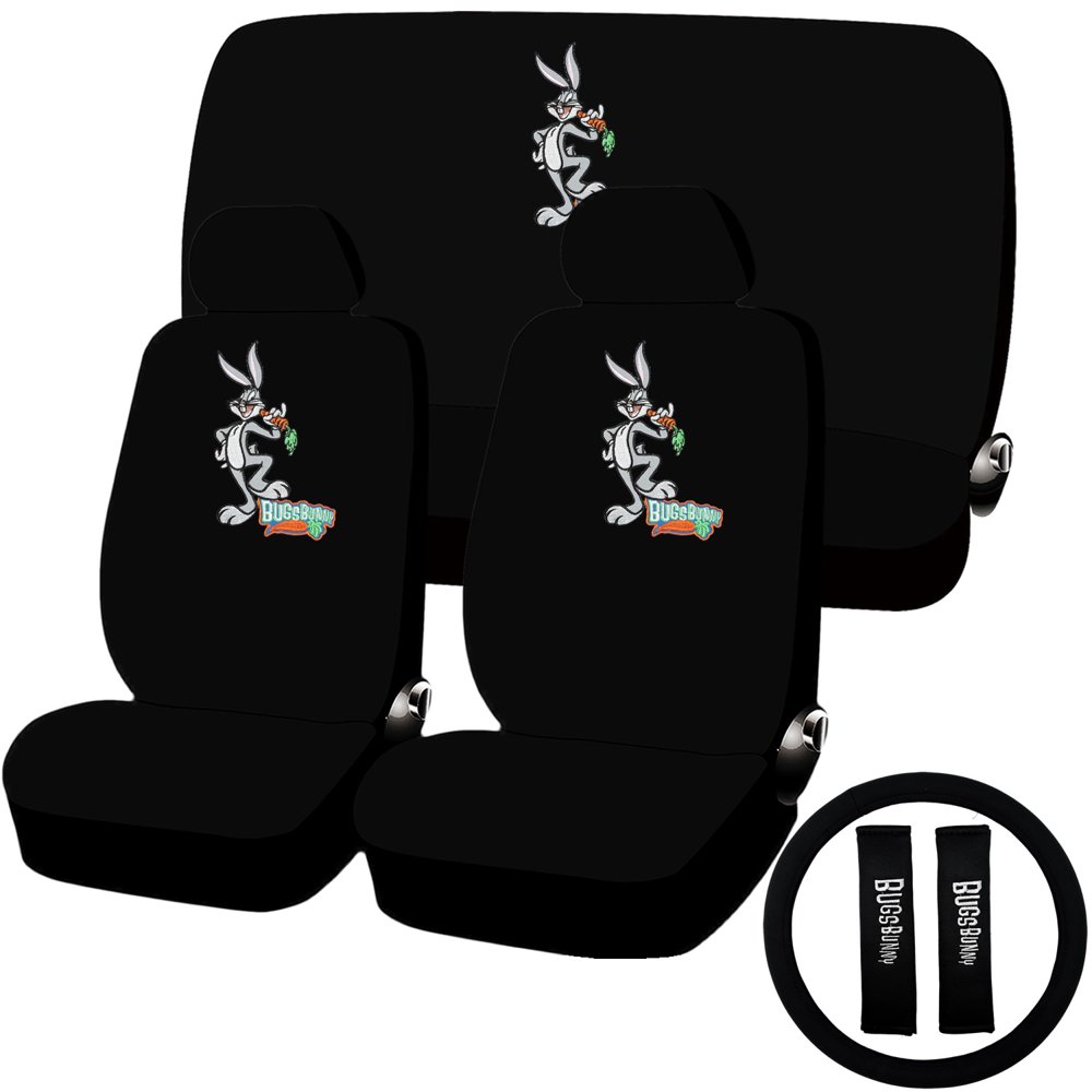 11pc Black Looney Tunes Bugs Bunny Seat Covers Steering Wheel Cover set