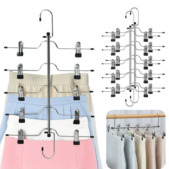 Funamily 3 Pack Skirt Hangers Space Saving, 5 Tier Metal Short Trouser Pant Women Hanger with Clips