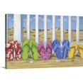thumbnail image 1 of Cuadro decorativo lienzo pintura chanclas coloridas en arena playera valla blanca dunas mar y veleros, arte costero veraniego, decoración panorámica para sala, baño y habitación juvenil, 1 of 7