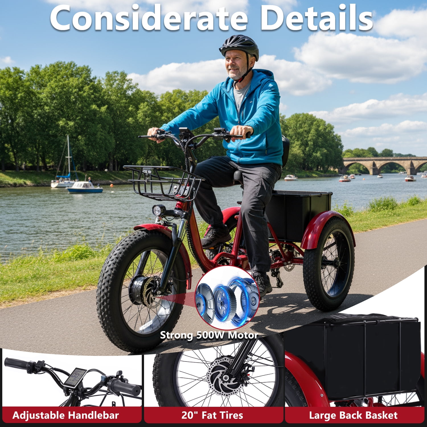 BROOBEY 20" Folding Electric Trike for Adults – 500W Motor, 48V 15Ah Long Range Battery, Fat Tire 3-Wheel E-Bike with Cargo Basket, Step-Thru Cruiser for Seniors, Men & Women, Red