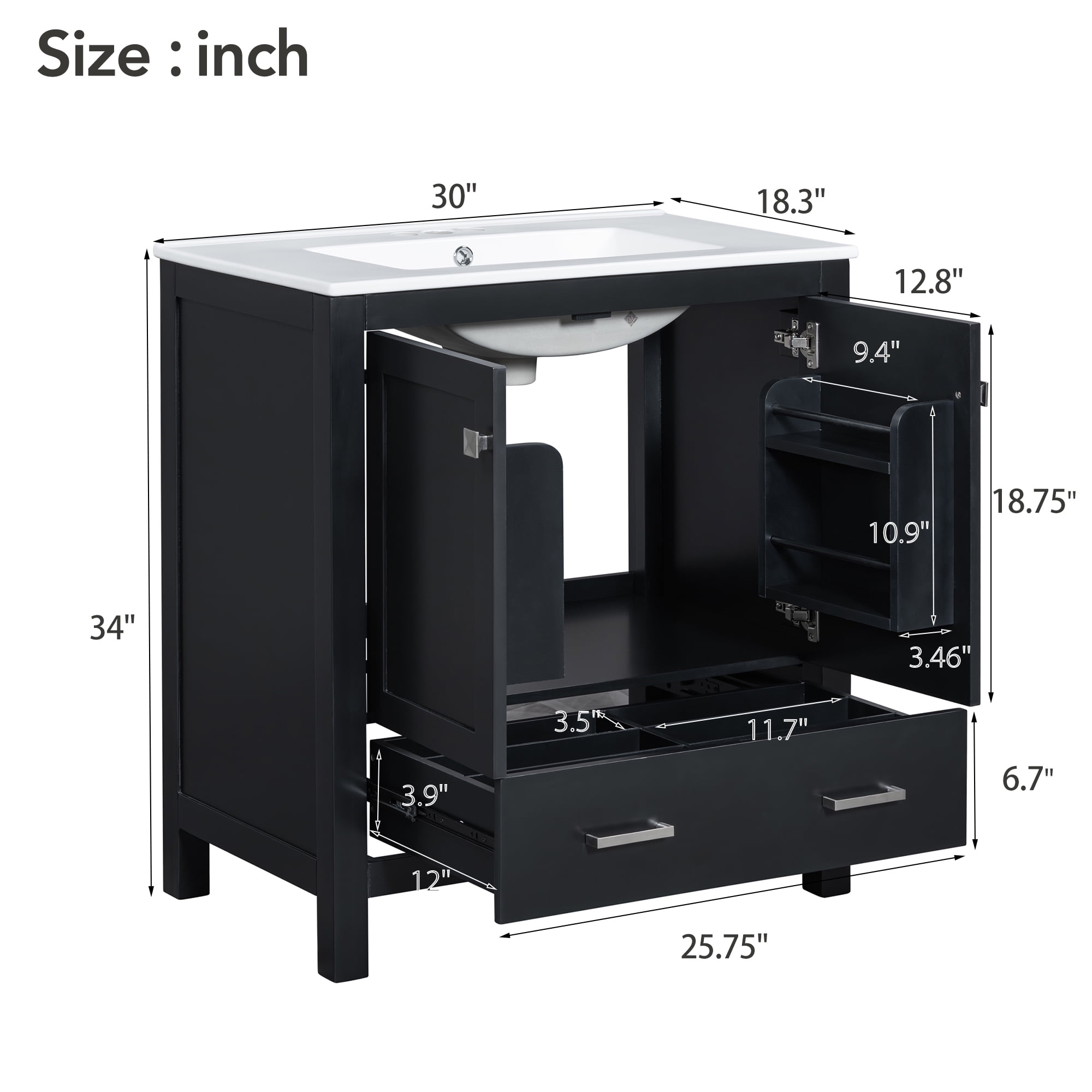 Harper & Bright Designs 30" Bathroom Vanity with Sink Combo, Bathroom Cabinet with Ceramic Top, Multifunctional Storage Doors and Drawer, Black