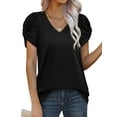 thumbnail image 3 of QAFOPEH Women V Neck Twist Knotted Puff Short Sleeve Solid Color Top, 3 of 5