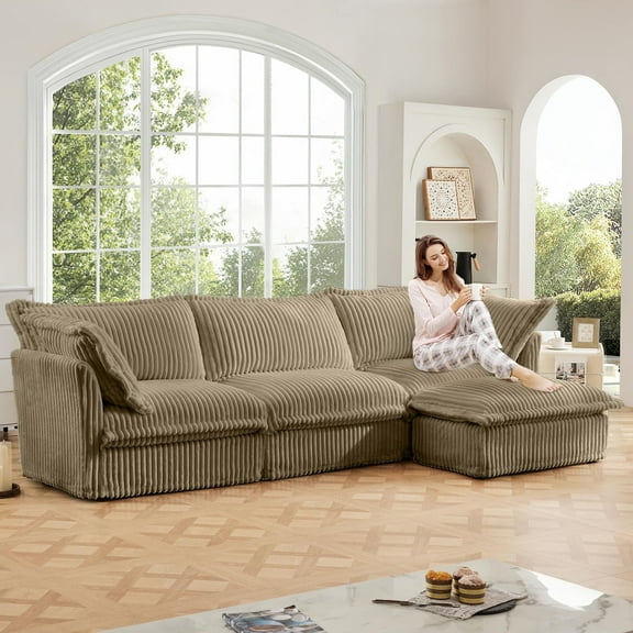 120"Corduroy Oversized Chaise Sofa with Ottoman,  3-Seater Deep Seat Couch, Removable Cover, Ideal for Small Spaces,Camel