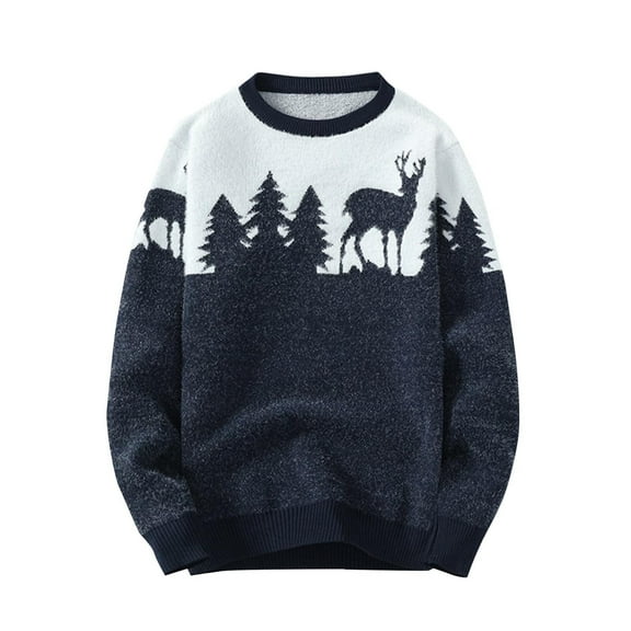 Ynynloco Men's Christmas Sweater Xmas Reindeer Trees Print Crew Neck Long Sleeve Pullover Tops 2025 Casual Comfy Fall Winter Warm Tops
