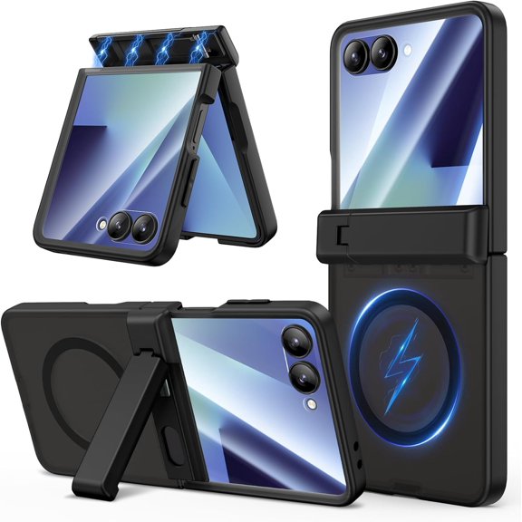 for Galaxy Z Flip 7 Case, Compatible with MagSafe, Hinge Protection Case with Kickstand & Camera Screen Protector, Magnetic Slim Anti-Scratch Translucent Clear Cover for Samsung Z Flip 7- Black