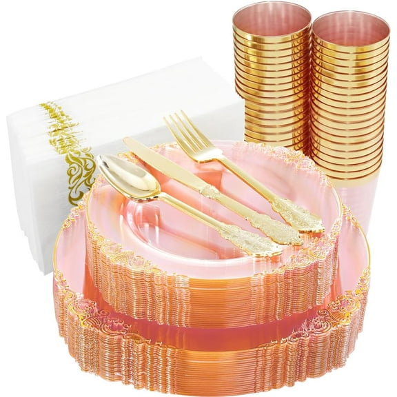 175pcs Plastic Plates -Pink and Gold Plastic Plates Disposable Include 25 Dinner Plates,25 Dessert Plates,25 Knives,25 Forks,25 Spoons,25 Napkins Perfect for Wedding & Parties