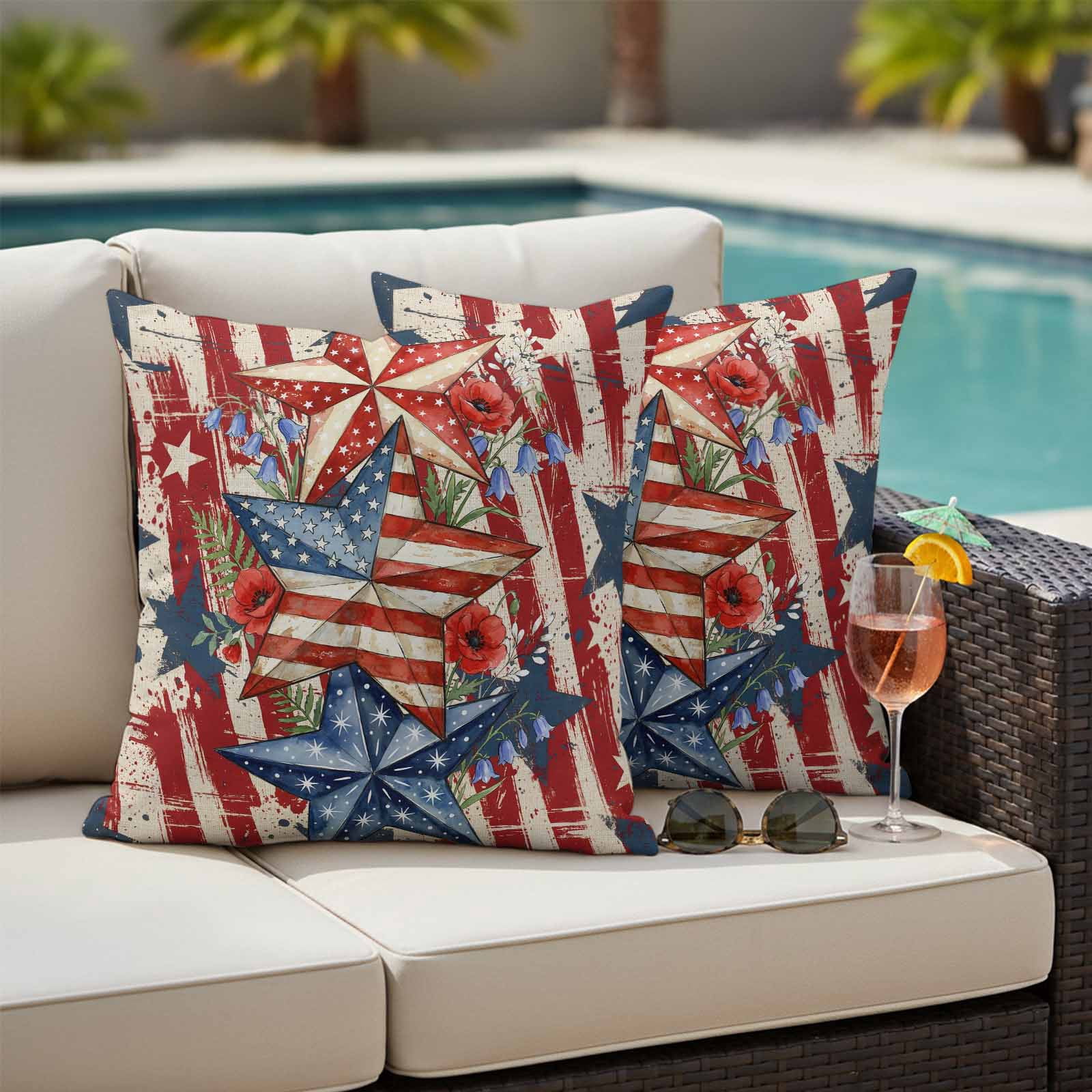 Outdoor Pillow Covers Waterproof, Patriotic USA Flag Decorative Square Throw Pillowcases Patio Cushion Covers for Tent/Garden, 20" x 20" 2 Pack, Texas Star Botanical Leaves Red Striped
