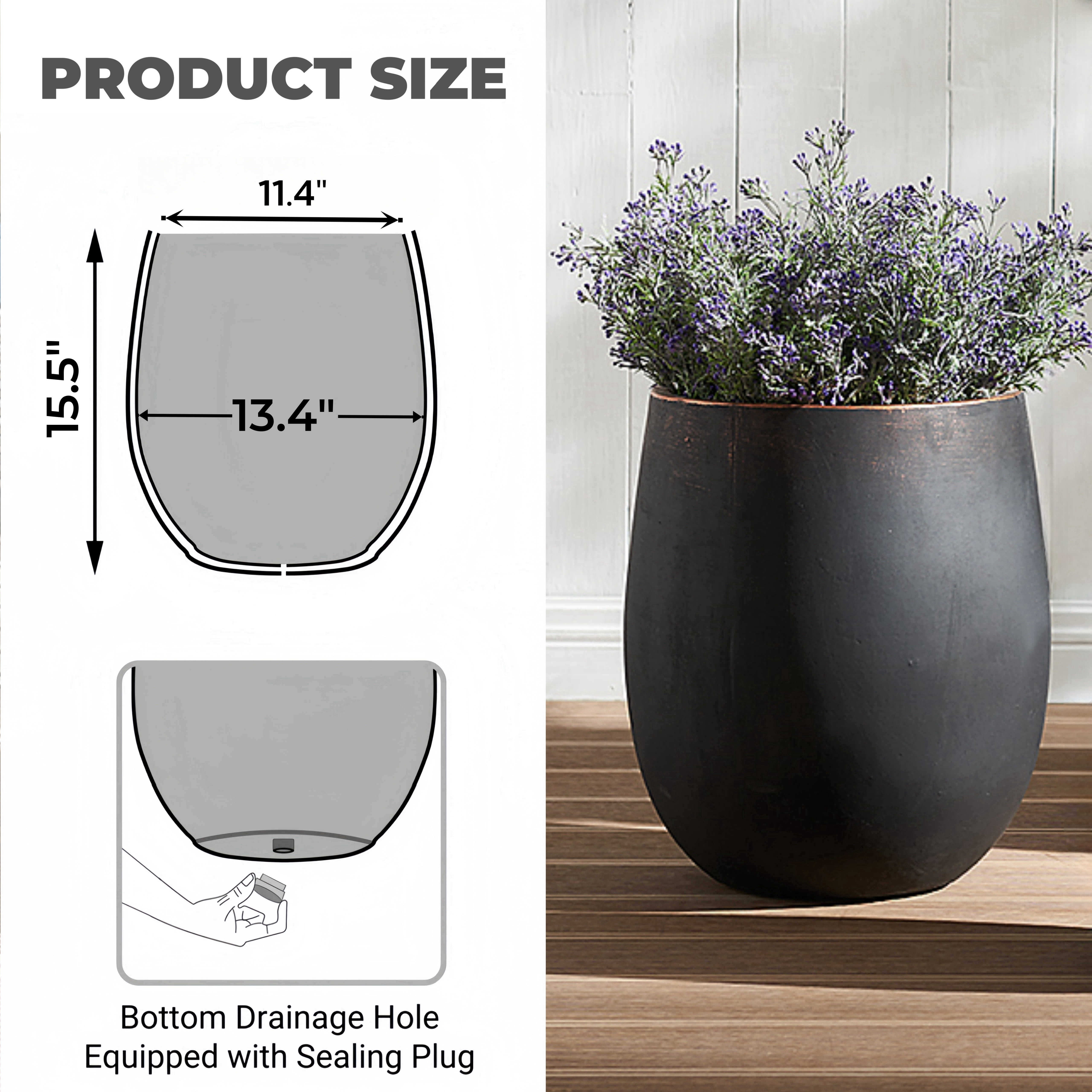 Wallowa 13.39" Dia x 15.35" H Concrete Planter, Outdoor Planter, Black with Gold Rim, Large Flower Pot