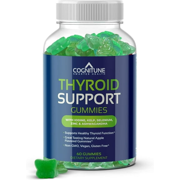 Thyroid Support Gummies for Women & Men – Non-GMO, Vegan, Gluten-Free, with Iodine, Kelp, Ashwagandha, Zinc, Selenium and More – Natural Apple Flavor Thyroid Gummies Supplement for Hypothryoidism