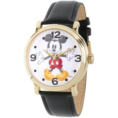 Mickey Mouse Men's Gold Vintage Alloy Watch, Black Leather Strap