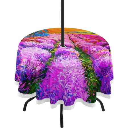 

Hyjoy Round Tablecloth 60In Sunset on The Lavender Field Waterproof Table Cover with Umbrella Hole and Zipper Party Patio Table Covers for Indoor & Outdoor Backyard /BBQ/Picnic