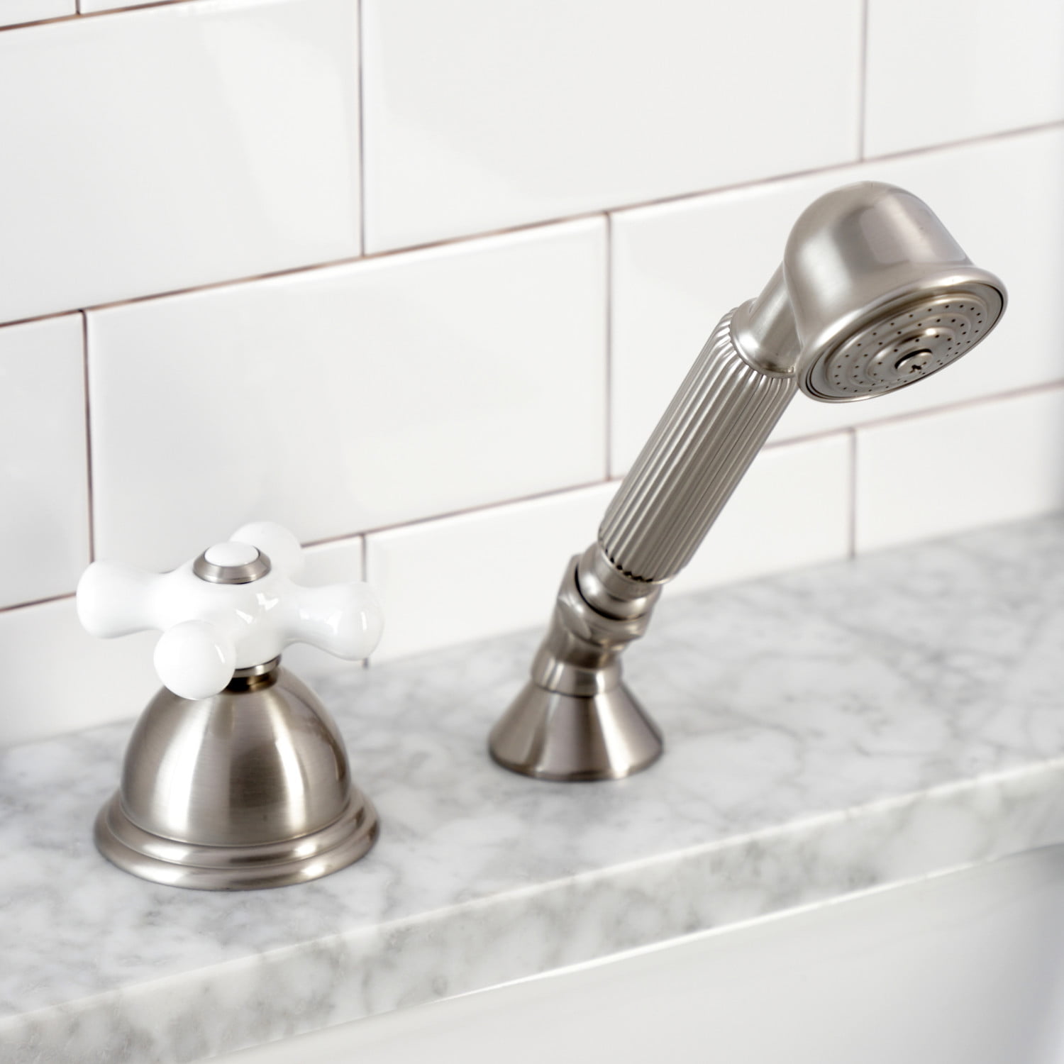 Kingston Brass KSK3358PXTR Deck Mount Hand Shower with Diverter for Roman Tub Faucet, Brushed Nickel