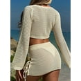 thumbnail image 5 of Womens Crochet Swimsuit Coverups 2 Piece Bathing Suit Cover Up Long Sleeve Tie Front Crop Top Mini Skirt Sets  S, 5 of 6