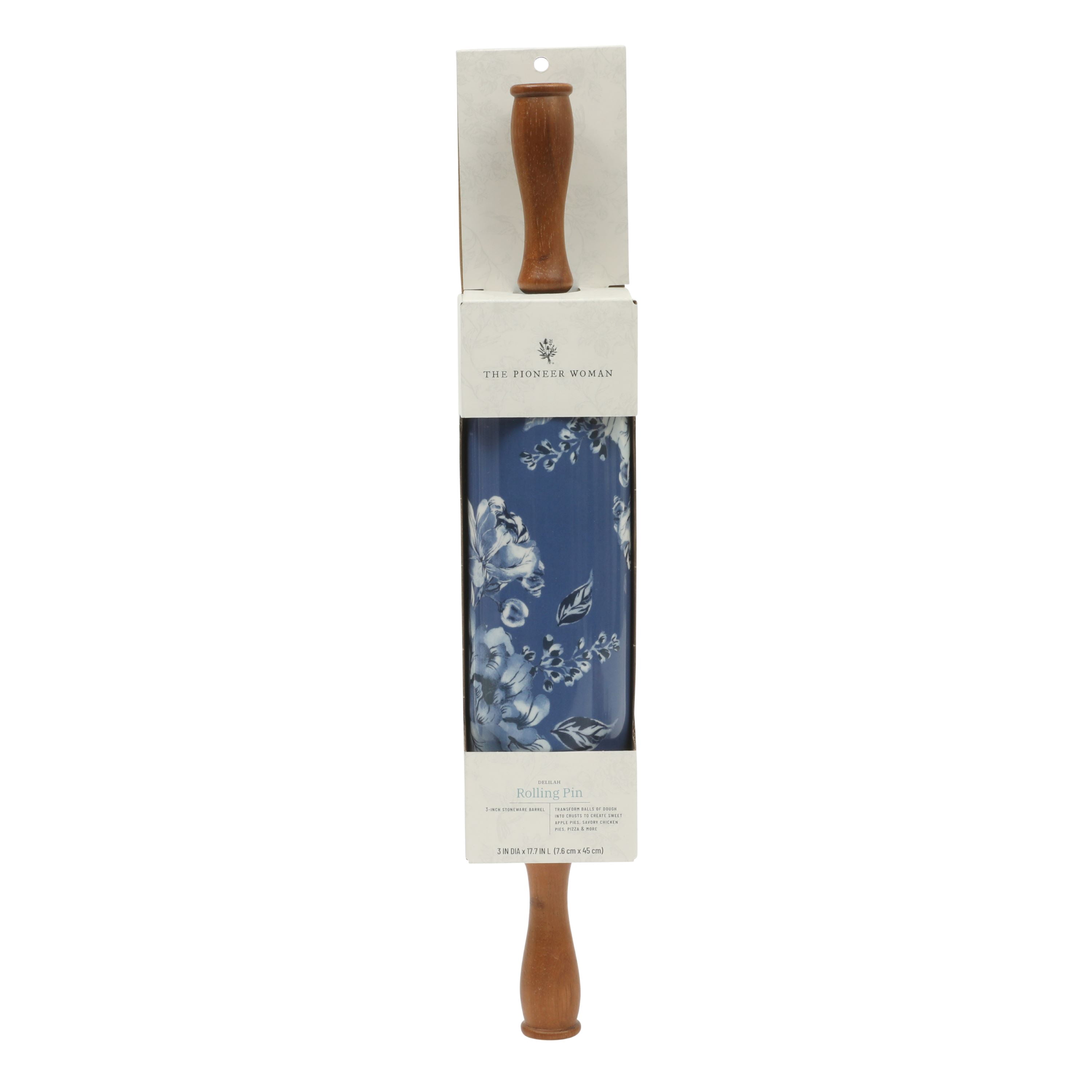 The Pioneer Woman Delilah Ceramic Rolling Pin with Wood Handles, Blue