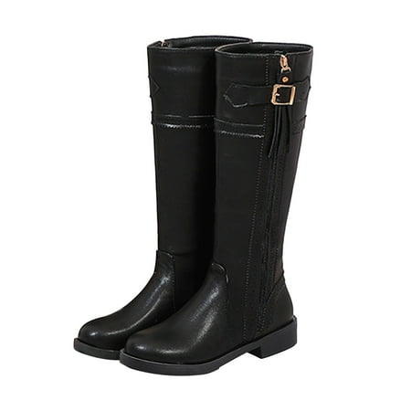 

YOTAMI Women s Boots Fashion 2022 Women Mid Heel Shoes Zip Fringe Belt Buckle Knee High Retro Cowboy Rider Boots Black