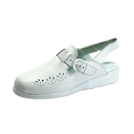 

24 HOUR COMFORT Leslie Women s Wide Width Leather Back Strap Clogs WHITE 6