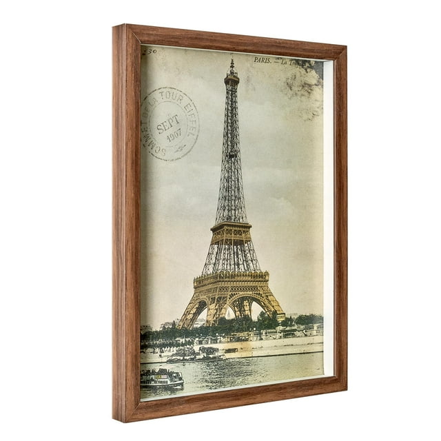 12x16 inch framed print featuring a vintage-style illustration of the Eiffel Tower in Paris with sepia tones and postal stamp details.