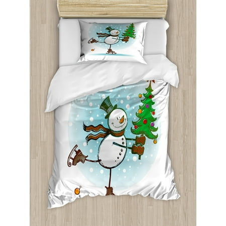 Snowman Duvet Cover Set Hand Drawn Style Skating Snowman With