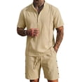 thumbnail image 2 of Yaoyar Mens Summer Outfits 2 Piece Cotton Linen Matching Sets Short Sleeve Henley Shirt and Shorts Vacation Beachwear, 2 of 3