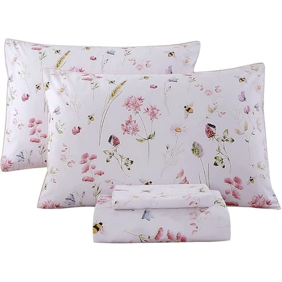 Garden Floral Sheets 4 Piece Pink Bees Print Luxury 100% Cotton Bed Sheet Set - Silky & Smooth Bed Set for All Season Bedoom Decor Home Collection (4pcs, Queen, Pink Floral Bee)
