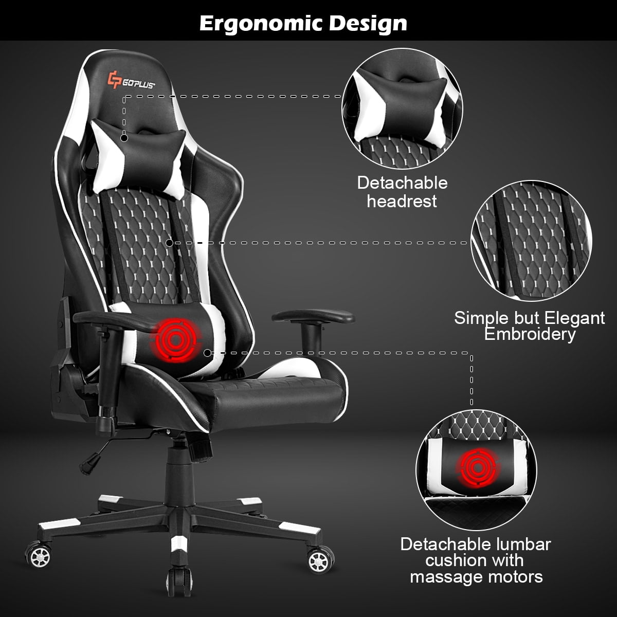 Massage Gaming Chair Reclining Racing Chair w/Lumbar Support and