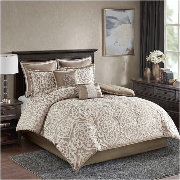 JERFIT King Size 8-Piece Jacquard Comforter Set, Elegant Damask Medallion Design, Tan and Ivory Bedding Ensemble with Bed Skirt