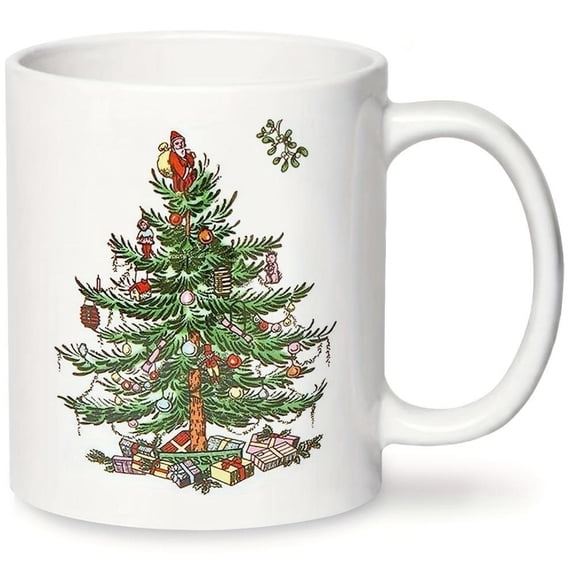 Spode Ceramic Christmas Tree Mug Festive Holiday Cup with Decorated Tree Design Green Pine Red Ornaments Birds Microwave Safe Coffee Cup Hot Cocoa Tea