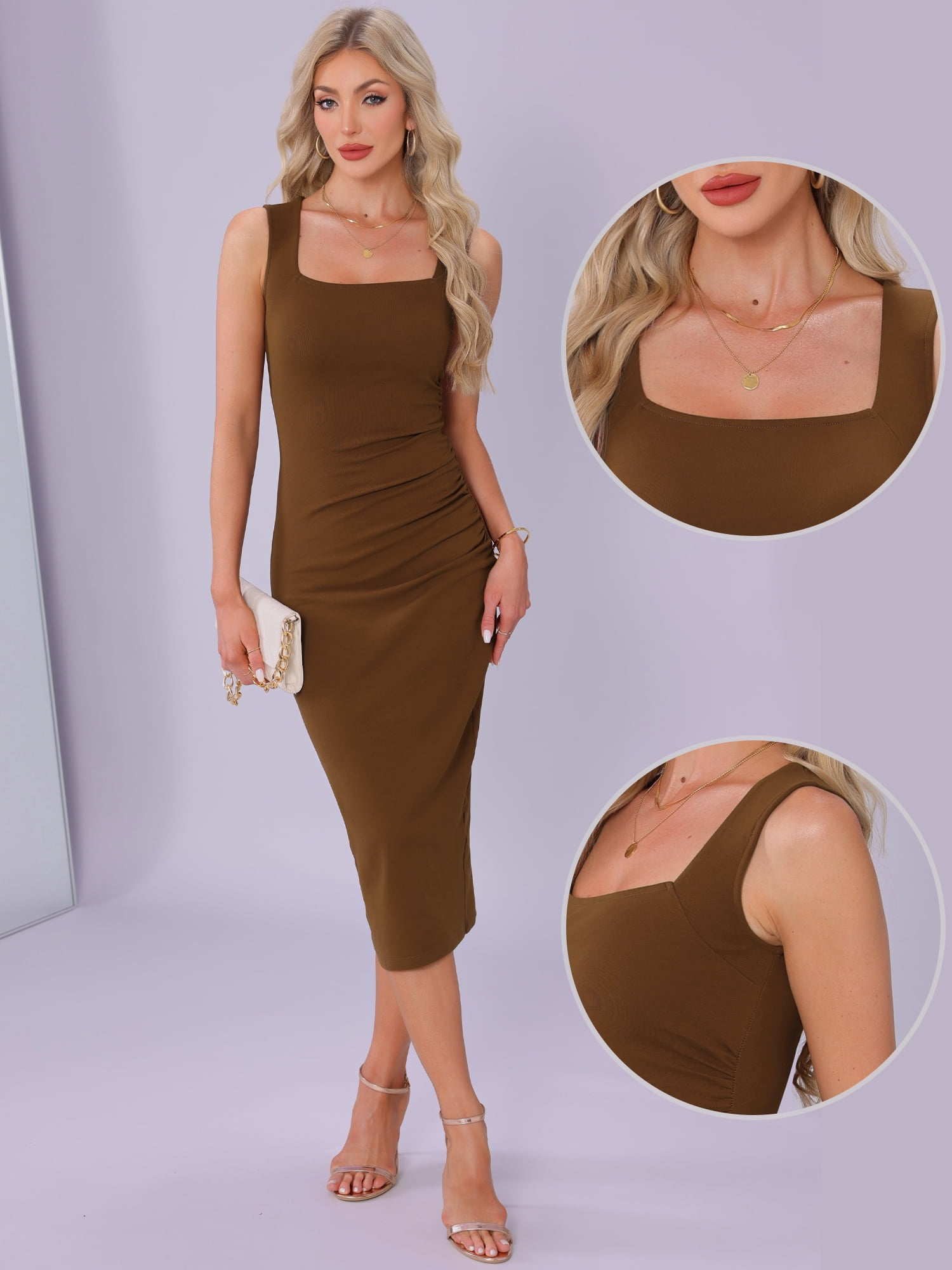 DARING DIVA Square Neck Waisted Ruched Tank Midi Dress XS Brown