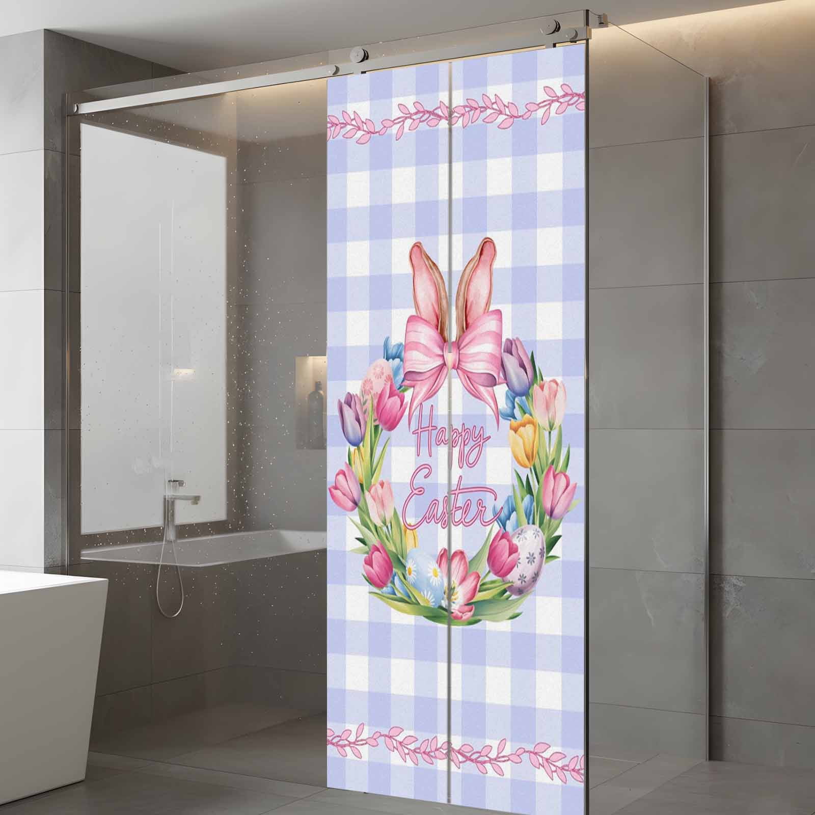 Happy Easter Window Privacy Film, Eggs Tulips Rabbit Ears Pink Leaf Purple Plaid Frosted Glass Window Clings Static Cling UV Heat Blocking Reusable Door Sticker for Bathroom 23.6 x 59 Inch
