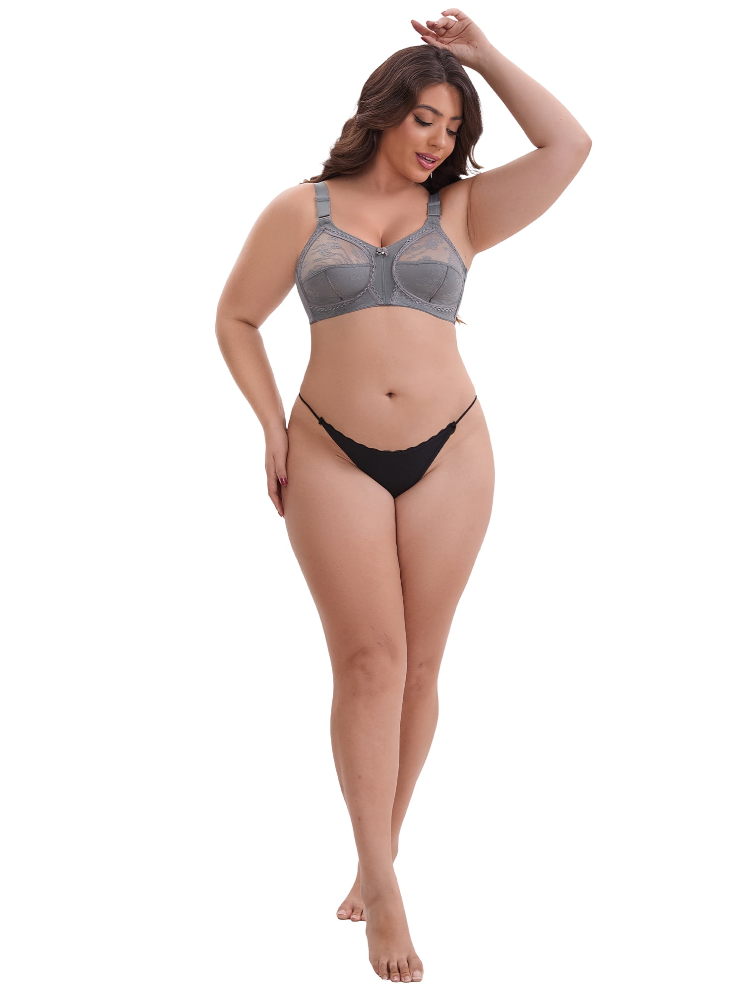 DARING DIVA Women's V-Neck Full Cup Wireless Bralette Lace Mesh 46C Gray