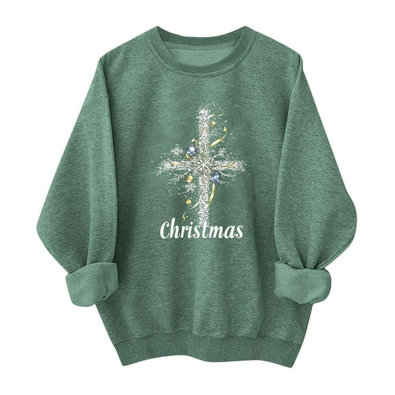 SYMOID women's christmas cross sweatshirt, cotton oversized crewneck with festive ornaments, green religious casual for holiday ch-ch,Size L