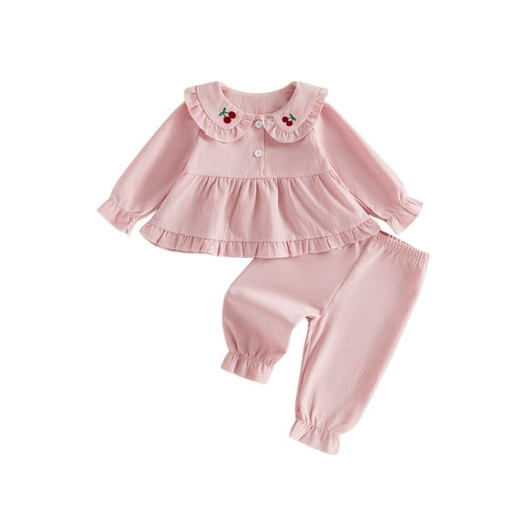 Loicainy Baby Toddler Girls Fall Clothes Set 6 9 12 18 24 Months 2T 3T Long Sleeve Doll Collar Babydoll Tops Solid Color Pants Outfits