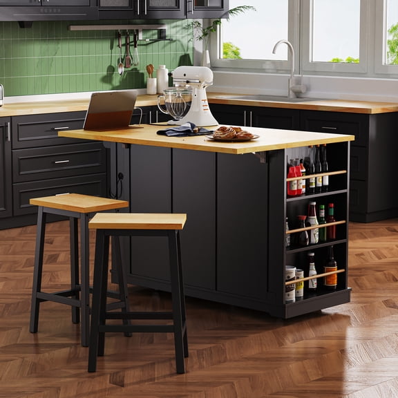 YIYADO YIYADO 53-Inch Large Kitchen Island with Drop Leaves, Power Outlets, In-Door Storage Rack, 5-Wheel Rolling Kitchen Cart with 5 Open Kitchen Side Shelves, Black