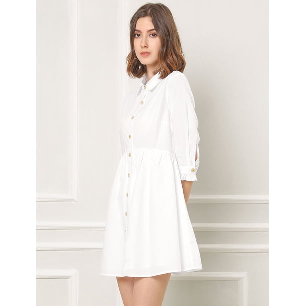 Vestido camisero informal con pliegues y manga 3/4 con botones Allegra K  Blanco L