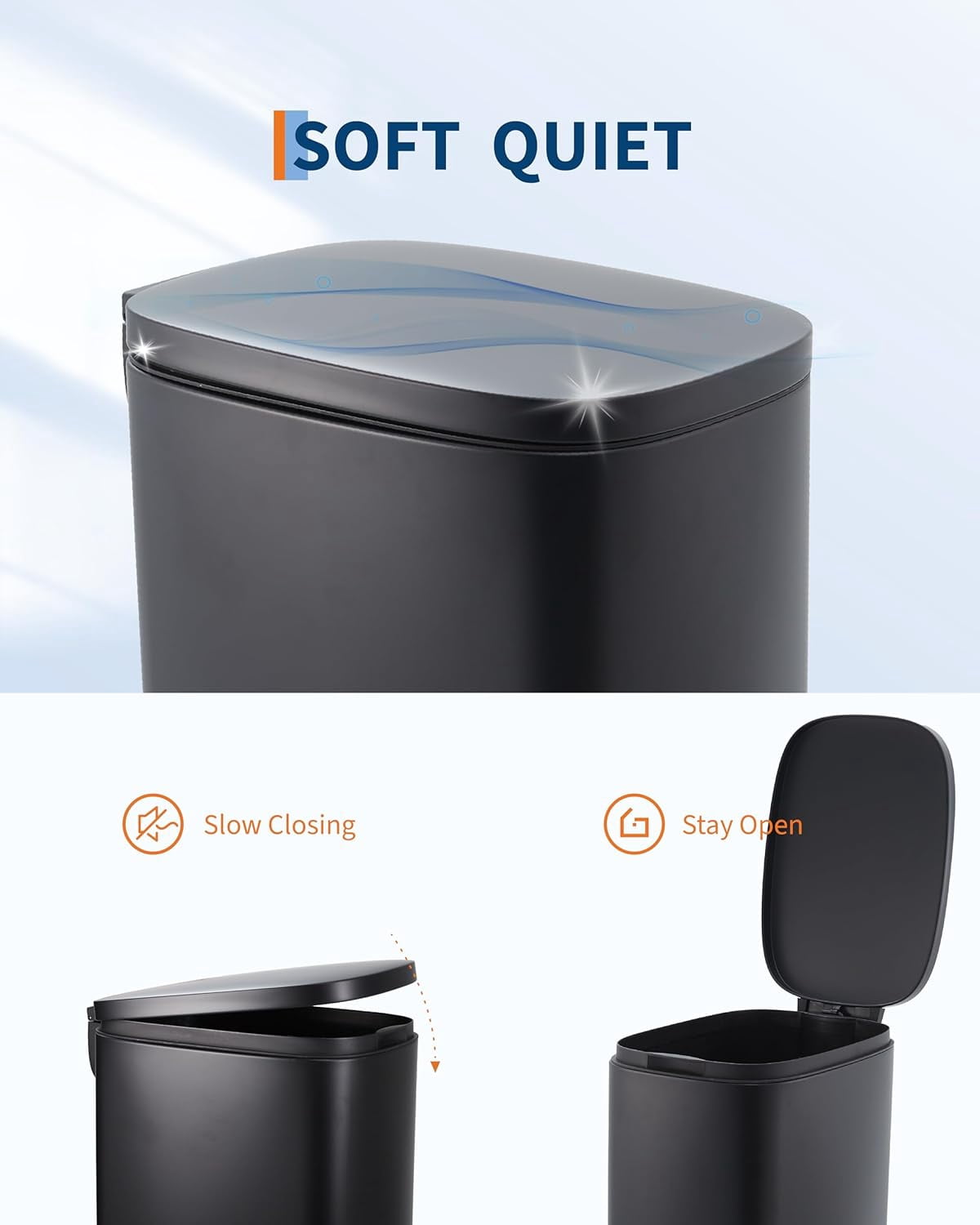 13 gal Slim Trash Can, Step Garbage Can with Soft-Close Lid, Stainless Steel Recycling Bin Waste Container with Removable Inner Bucket for Kitchen, Bathroom, Office (Black)