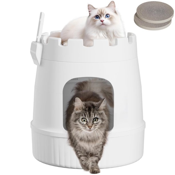 Caja de arena para plantas para gatos con tabla rascadora y pala, caja de arena para gatos cubierta oculta con control de olores y filtro de carbono en sala de estar, dormitorio, blanco