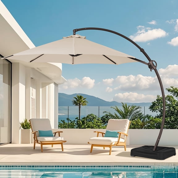 FUNDAZE 10ft Market Patio Umbrella with Base, Curved Cantilever Hanging Sun Shade with Crank & Tilt for Garden, Deck, Poolside,Beige