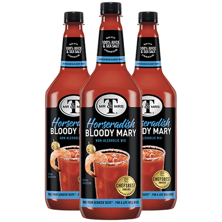 Mr & Mrs T Horseradish Bloody Mary Mix, 1L Bottle, 3 Pack – Premium Cocktail Mixer for Spicy Bloody Marys, Ready to Use