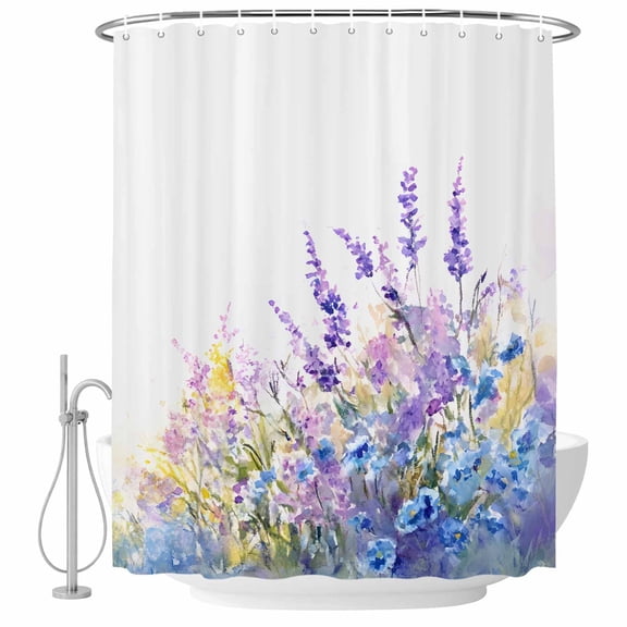 Lavender Shower Curtain Set - Extra Long 72" x 96" Washable Bathtub Curtain with 12 Hooks, Purple Blue Flower Floral Country Spring Waterproof Fabric Stall Shower Curtains for Bathroom/Bathtub Décor