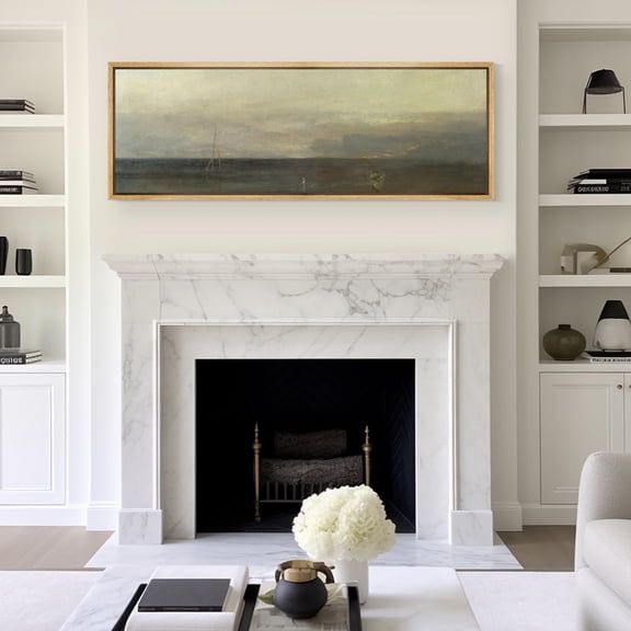 IDEA4WALL Extra Large Framed Canvas Print Wall Art Seascape Tranquil Evening Ocean View Classic Fine Art Panoramic Vintage Landscape Retro Wall Decor Oversized Artwork for Rooms - 60"x20"